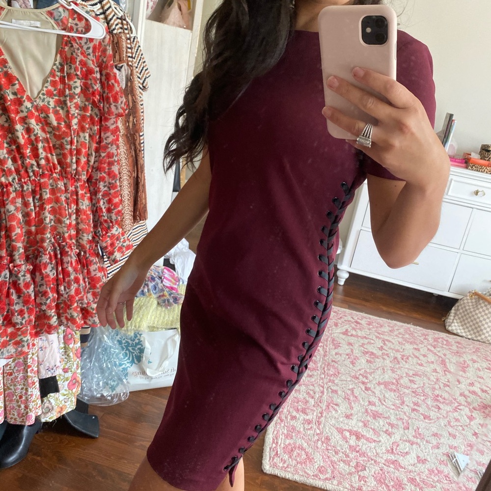 Maroon Lace Up Chic Stylish Work Dress